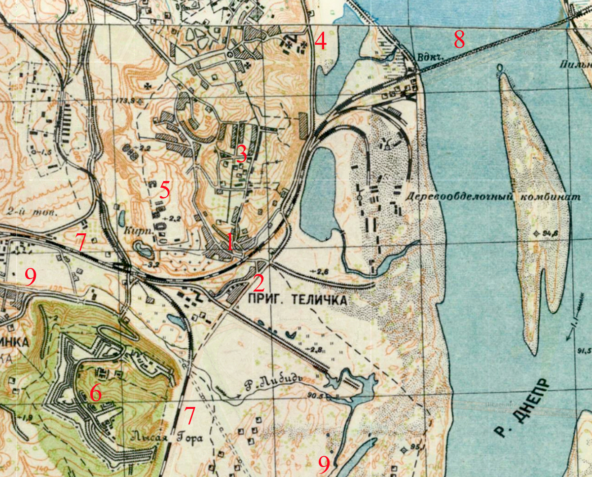 Карта Києва 1930-х років (фрагмент): 1 — Верхня Теличка; 2 — Нижня Теличка; 3 — колишні Караваєві дачі; 4 — Михайлівський Видубицький монастир; 5 — Бусова гора; 6 — Лисогірський форт; 7 — залізниця; 8 — залізничний міст; 9 — річка Либідь