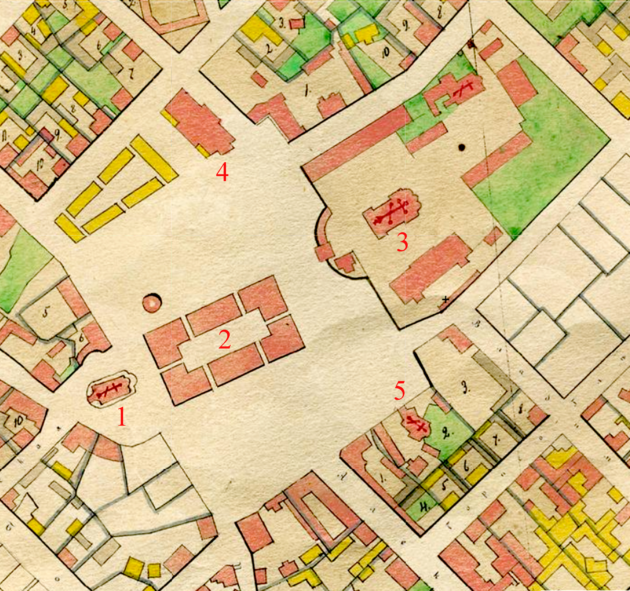 Контрактова площа на плані Києва 1850-х років (фрагмент): 1 — Успенська церква; 2 — Гостиний двір; 3 — Богоявленський собор Братського монастиря; 4 — контрактовий будинок; 5 — церква Святої Катерини Грецького монастиря.