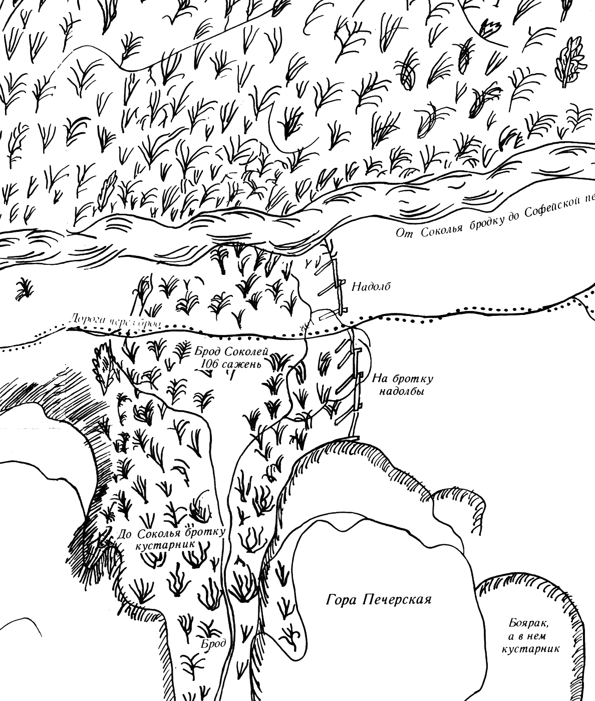 Давня дорога з Соколиним бродом через ріку Клов. План Києва 1695 року (промальовка)