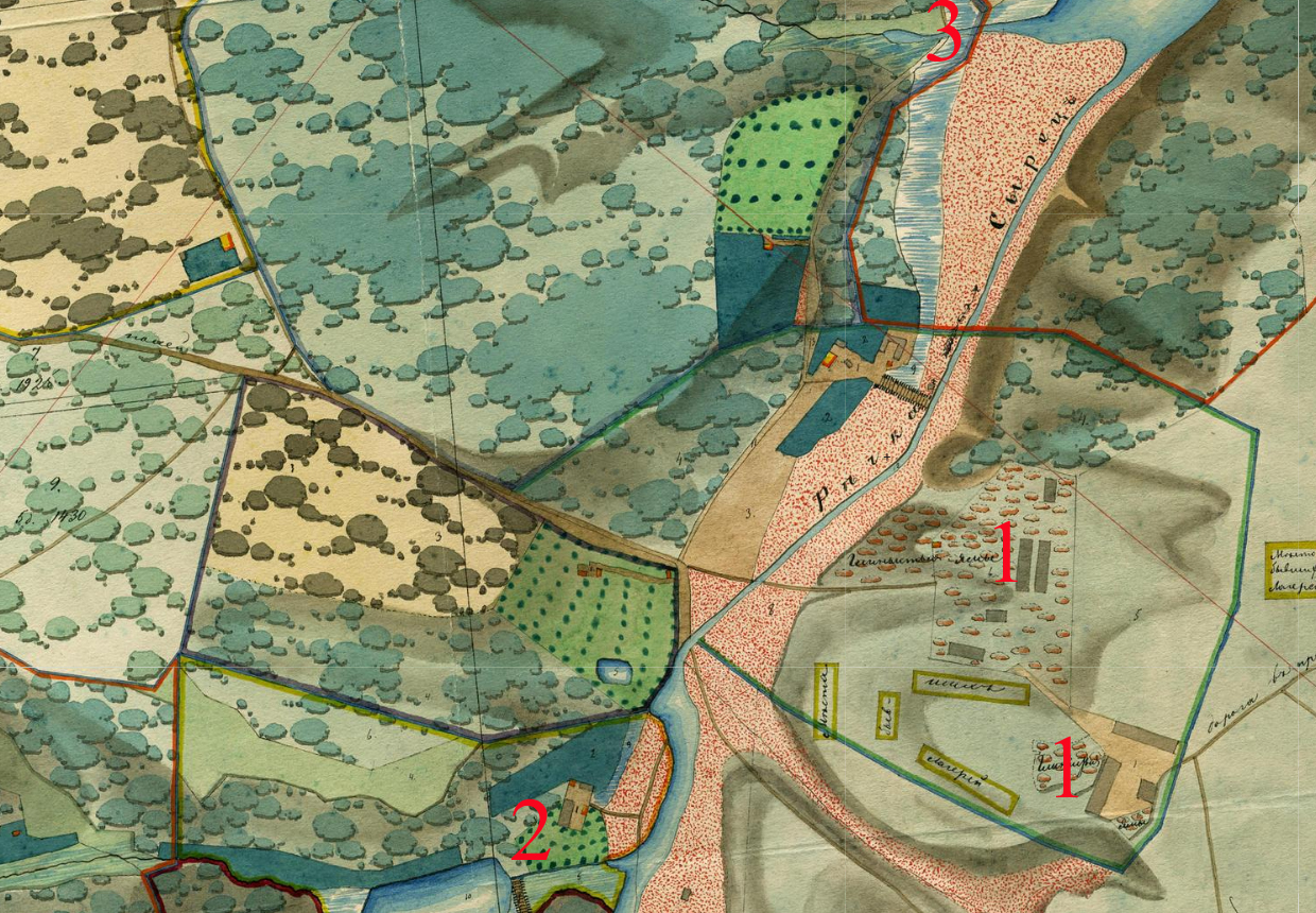 Ділянка течії ріки Сирець на плані 1850 1860-х років (фрагмент): 1 — місця з глиняними ямами; 2 — струмок Кам’янка з ставком; 3 — місце впадіння річки Рогостинки.