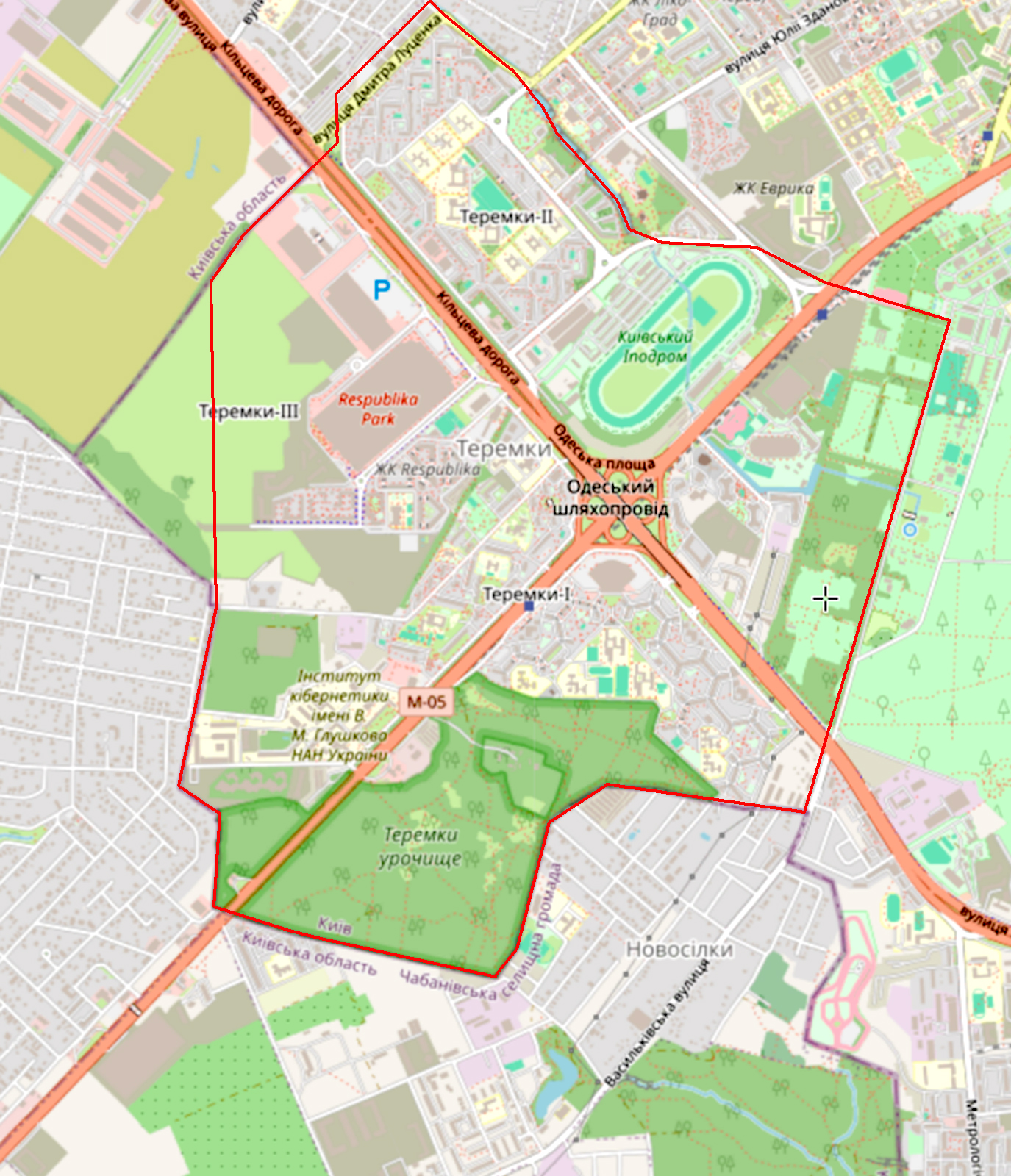 Район Теремків на карті ACME Mapper 2.2. Червоним позначено межі колишньої Теремської дачі.